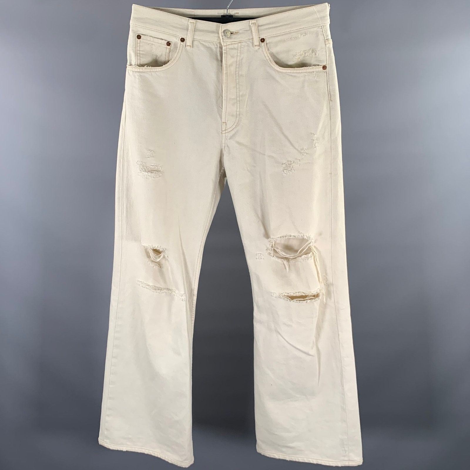 Acne Studios ACNE Size 32 Cream Distressed Cotton Flare Cut Jeans Size US 32 / EU 48 - 1 Thumbnail