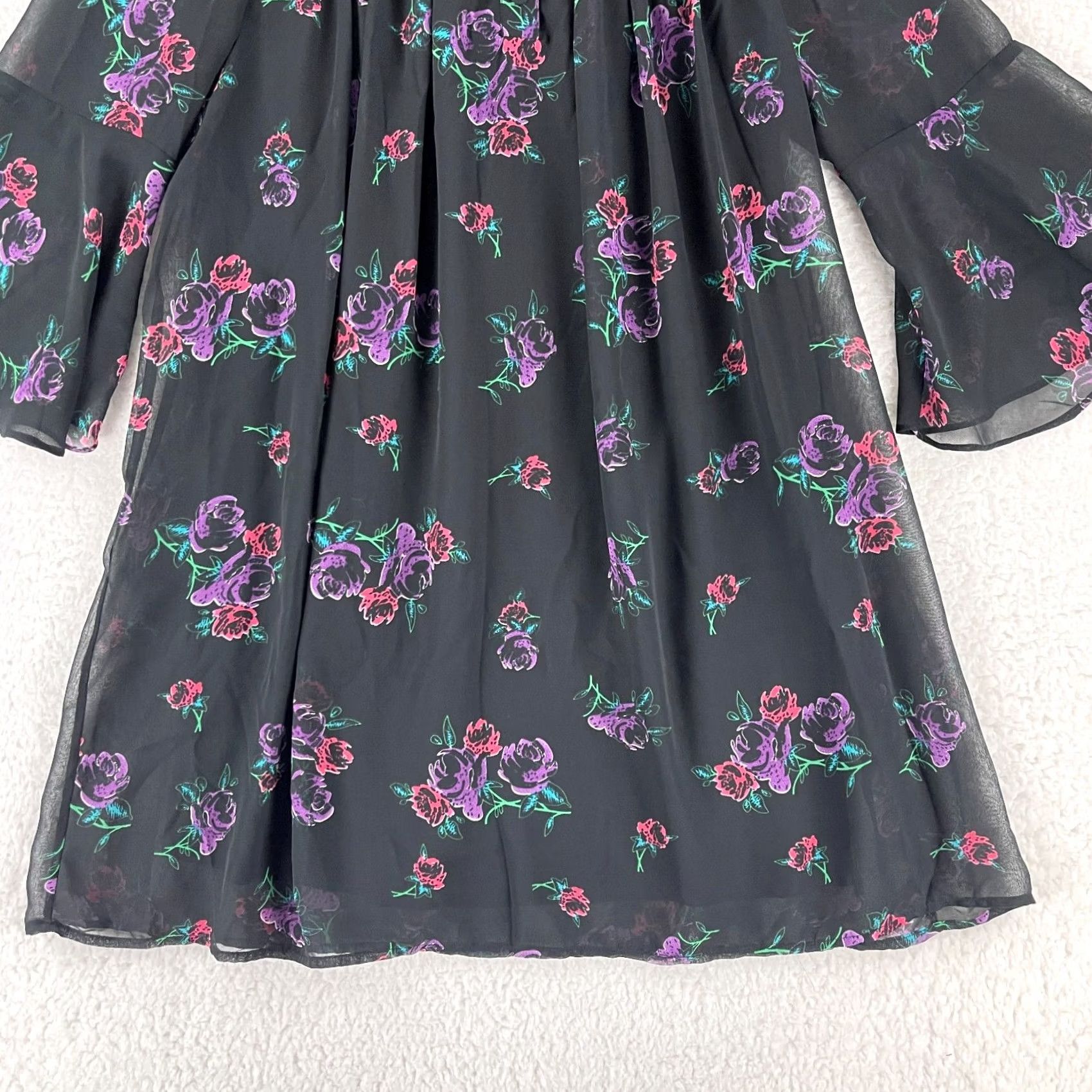 Vintage Coincidence & Chance Black Floral Chiffon Swing Dress Womens S Bell Sleeve XS? Size S / US 4 / IT 40 - 5 Thumbnail