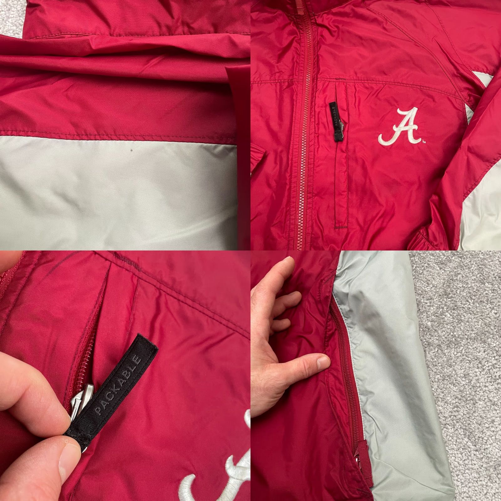 Vintage Columbia Windbreaker Jacket Men Small Red Gray Alabama University Hooded Tuckable Hood Zip Pockets All Seasons Lightweight Soft Shell Size US S / EU 44-46 / 1 - 8 Thumbnail