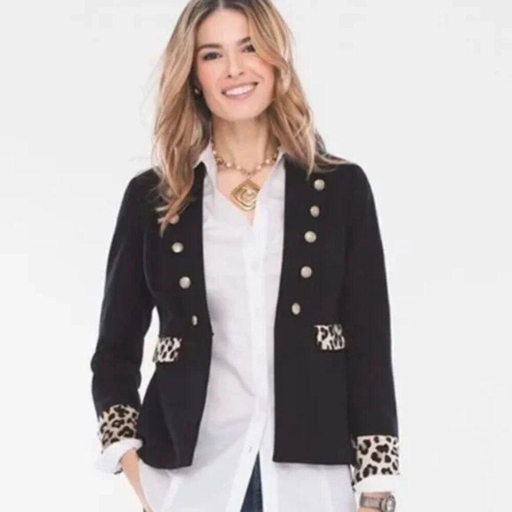 Chicos Chico's Animal Print Trimmed Blazer Jacket Size 1 US M Size M / US 6-8 / IT 42-44 - 2 Thumbnail