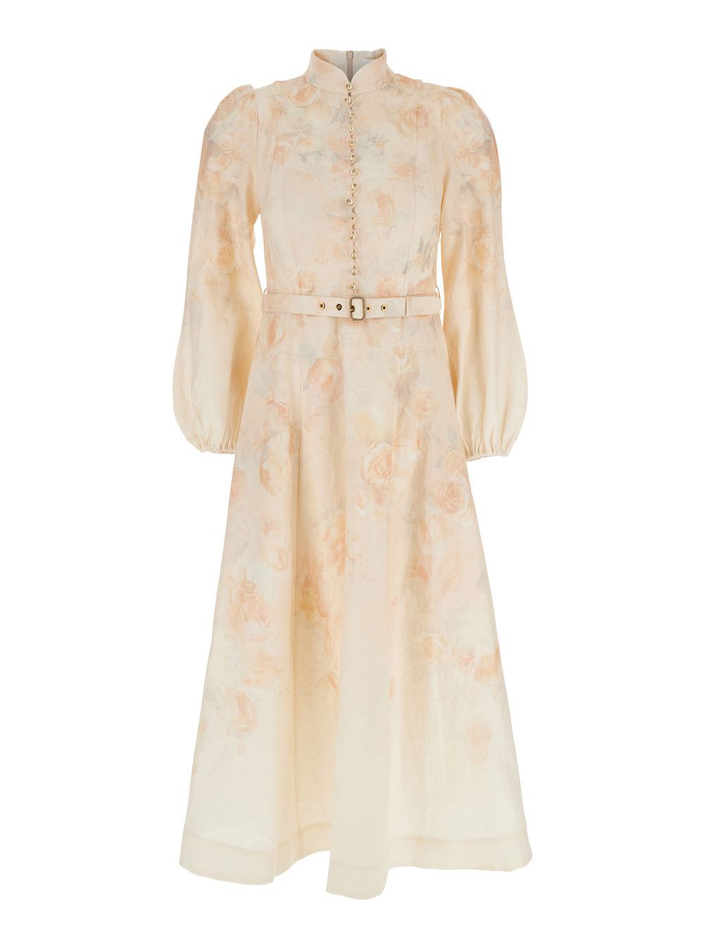 Zimmermann 'Crush' Multicolor Midi Dress with Puffed Sleeves and Adjustable and Removable Belt in Linen Woman Size L / US 10 / IT 46 - 1 Thumbnail