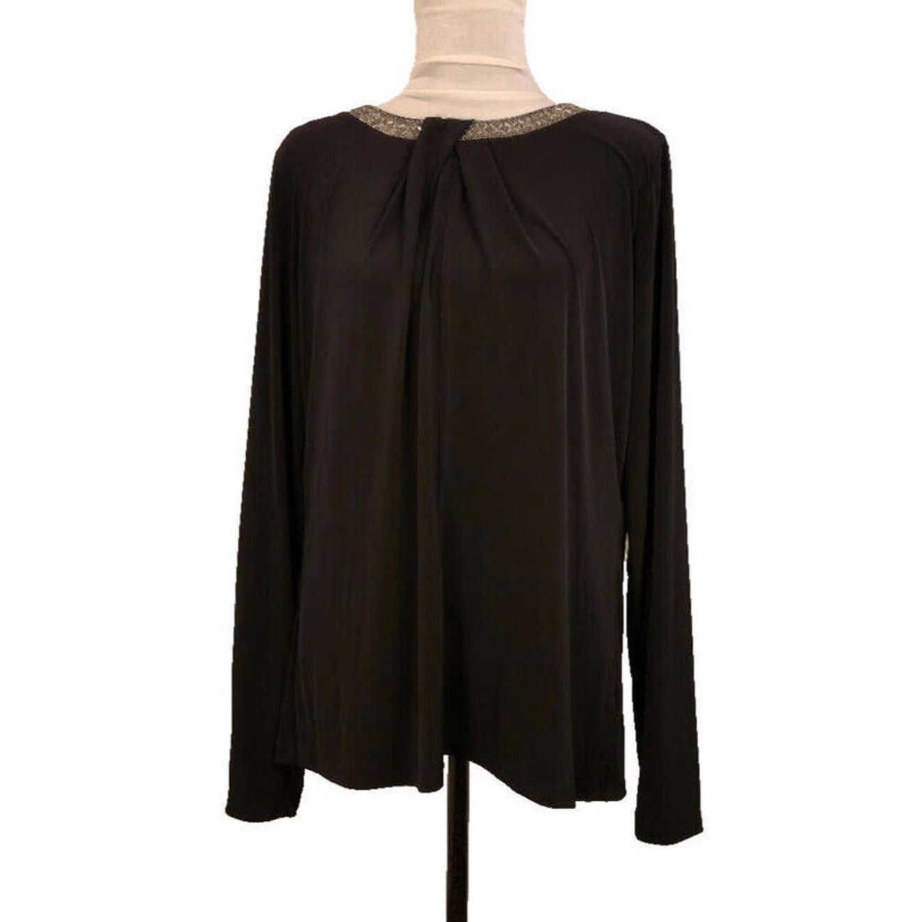 Liz Claiborne Liz Claiborne Jeweled Black Blouse LT Tall Long Sleeve Top Size L / US 10 / IT 46 - 1 Thumbnail