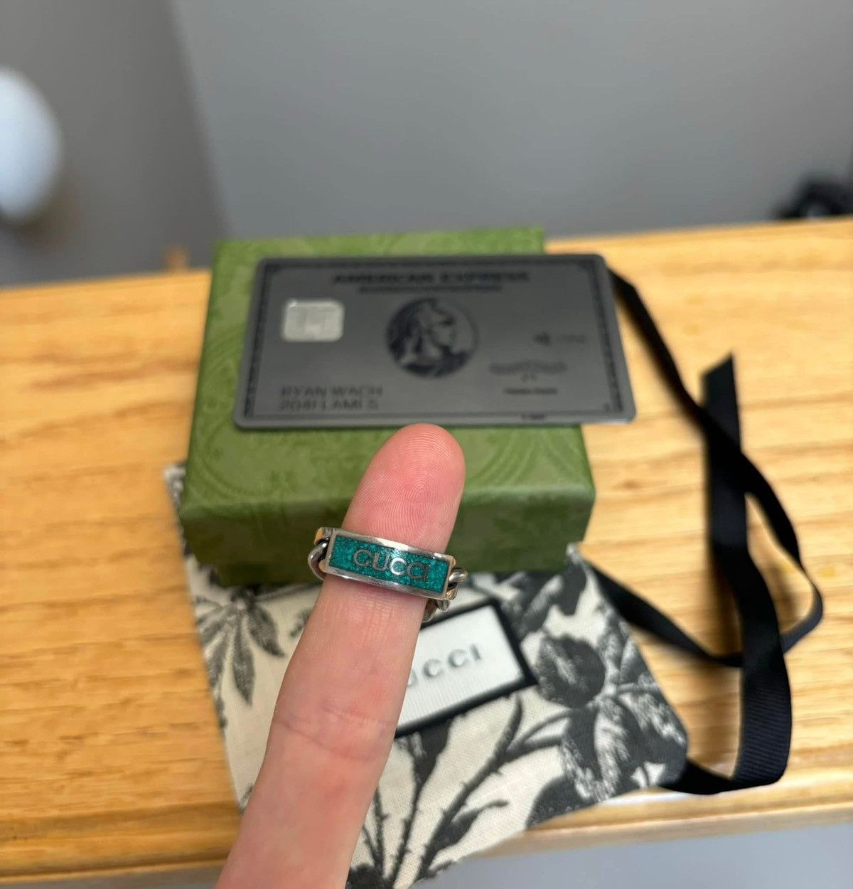 Gucci Gucci Silver/Green Marbled Enamel Cuban Ring - Size: 17IT Size ONE SIZE - 3 Thumbnail
