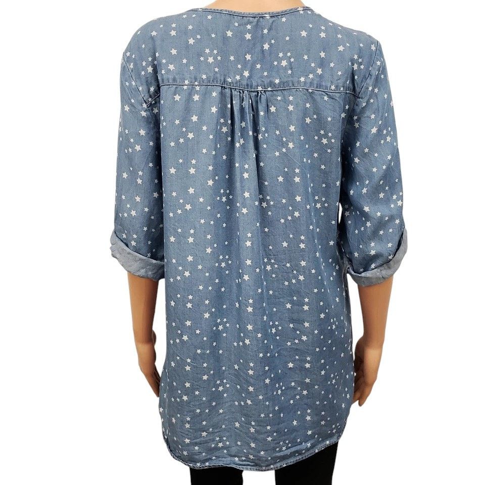 Neiman Marcus Philosophy Chambray Shirt Star Hi Low Tunic Roll Tab Tencel Size M / US 6-8 / IT 42-44 - 9 Thumbnail