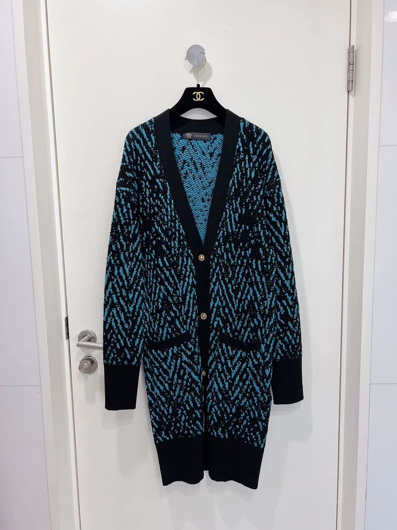 Versace Versace Blue and black patterned maxi wool cardigan jacket Size M / US 6-8 / IT 42-44 - 1 Thumbnail