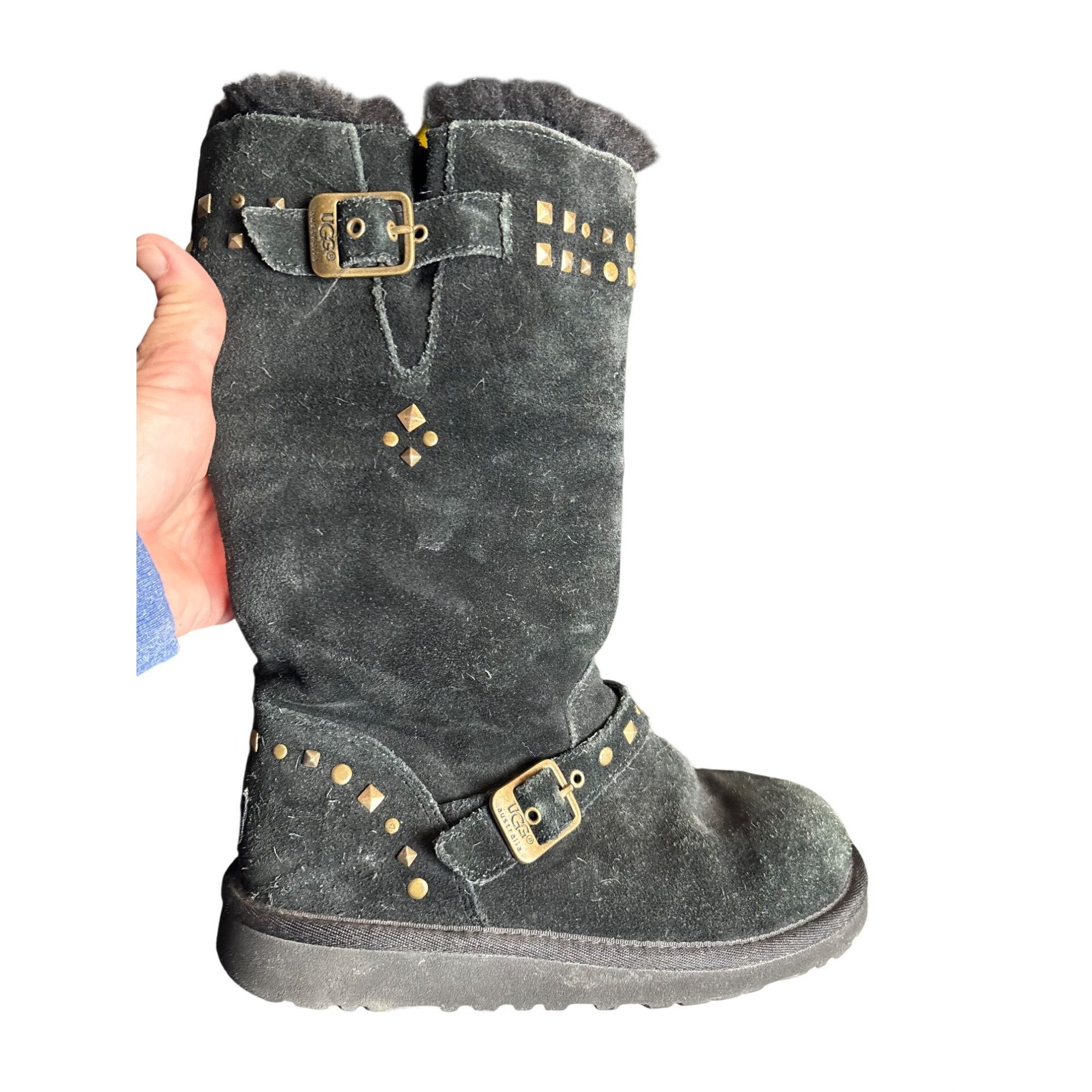Ugg Ugg Black Suede Mid-Calf Boots With Shearling Lining & Gold Size US 4 / IT 34 - 9 Thumbnail