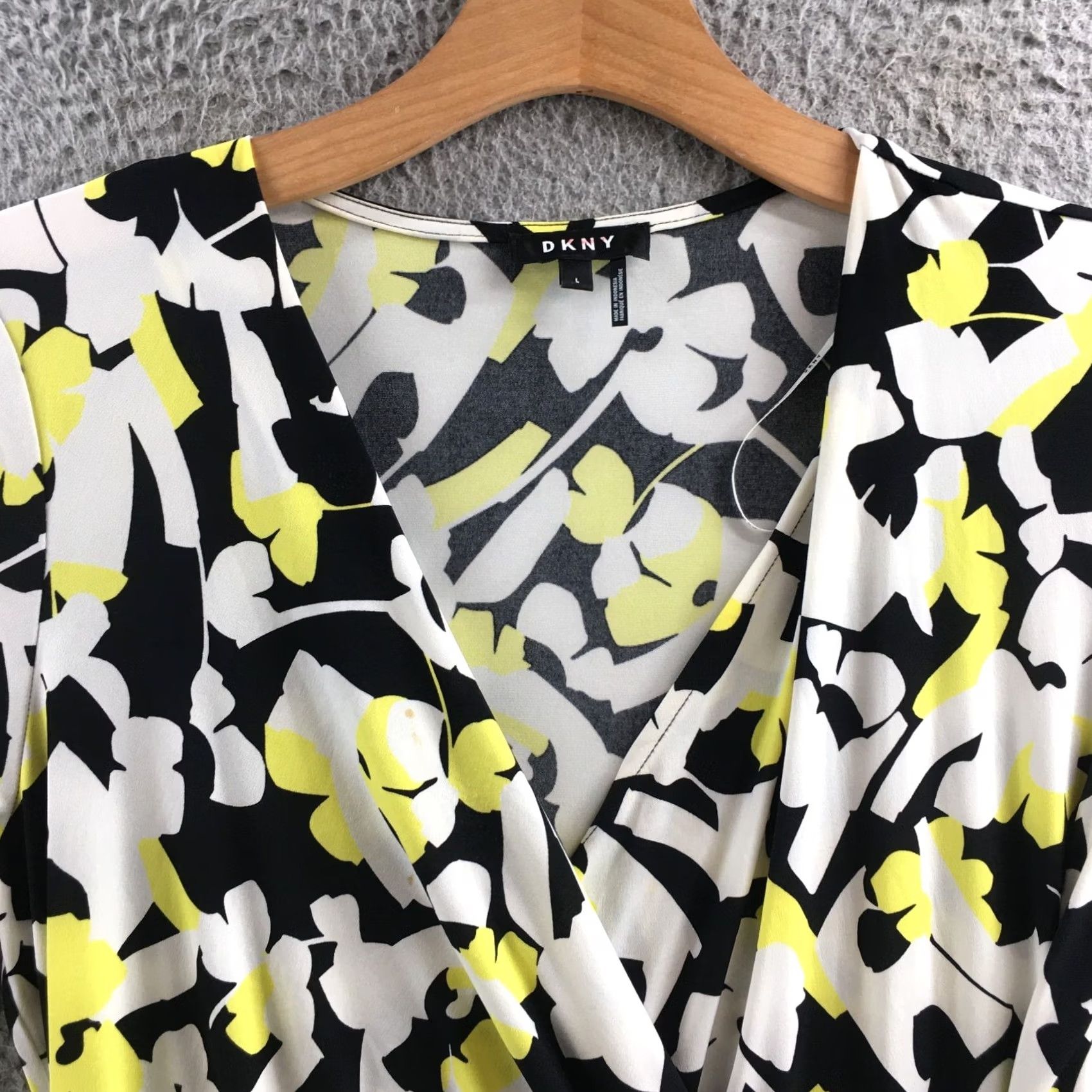 DKNY DKNY Dress Womens L Floral Yellow Black White Faux Wrap Ruched Elbow Sleeve Knee Length Casual Womens Size L / US 10 / IT 46 - 3 Thumbnail