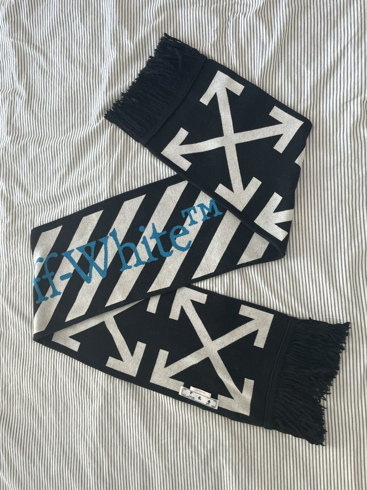 Off-White scarf in black/white colors with blue accents