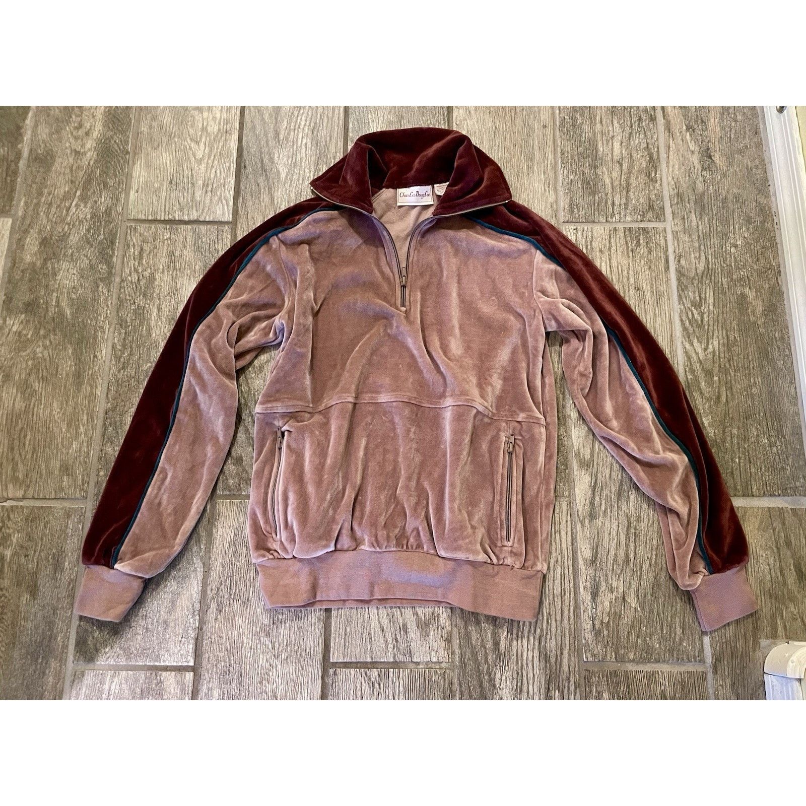 Vintage Vintage 70s Velvet Tracksuit Zip Jacket Mauve Maroon Green Size M / US 6-8 / IT 42-44 - 3 Thumbnail