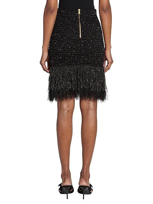 Balmain o1s1wg110825 Tweed Fringe Midi Skirt in Black Size 28" / US 6 / IT 42 - 4 Thumbnail