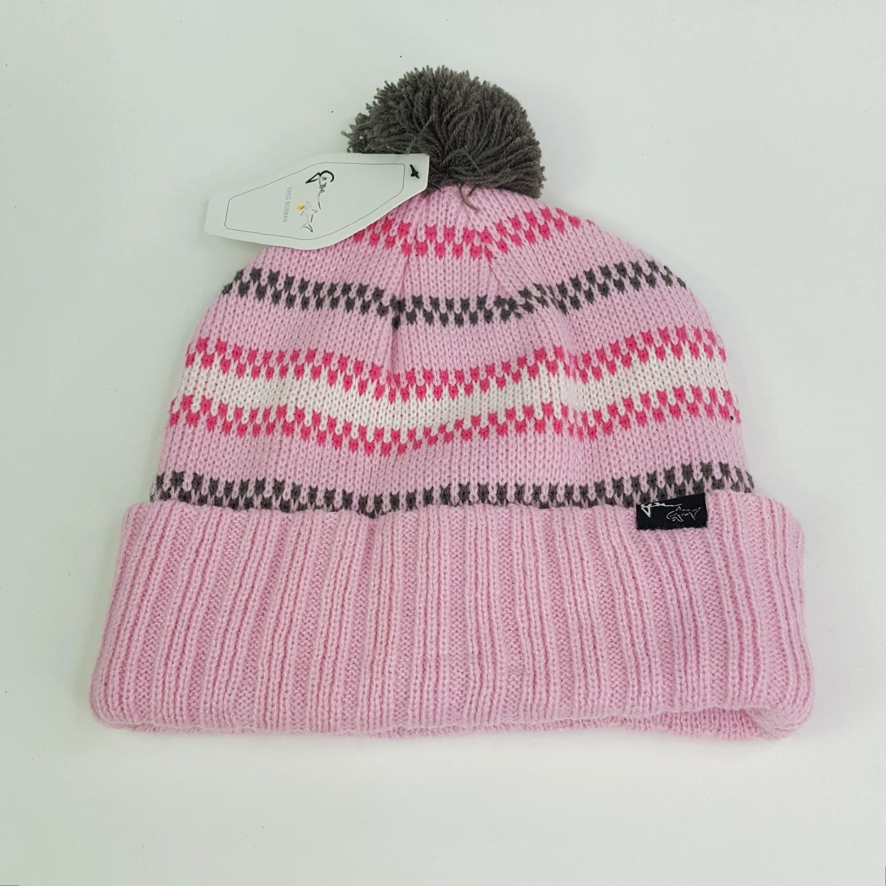 Pinko VINTAGE Greg Norman Golf Shark Beanie One Size Pink Knit Hat Cap Womens 90s Logo Embroidered Striped Fall Winter Sports Golf Toboggan Rich With Logo Size ONE SIZE - 3 Thumbnail