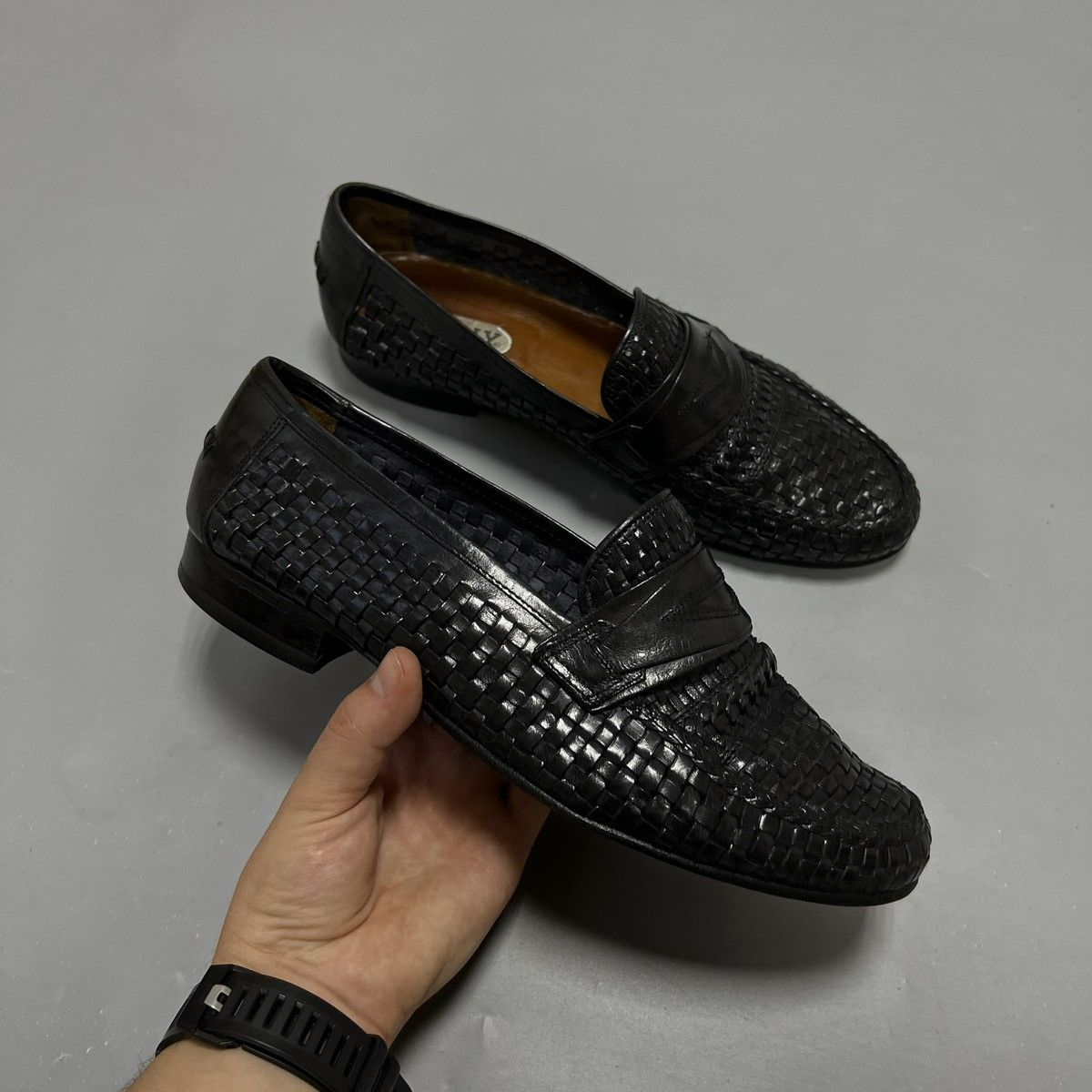 Bally Black Full Woven Mens Loafers Leather Shoes Vintage