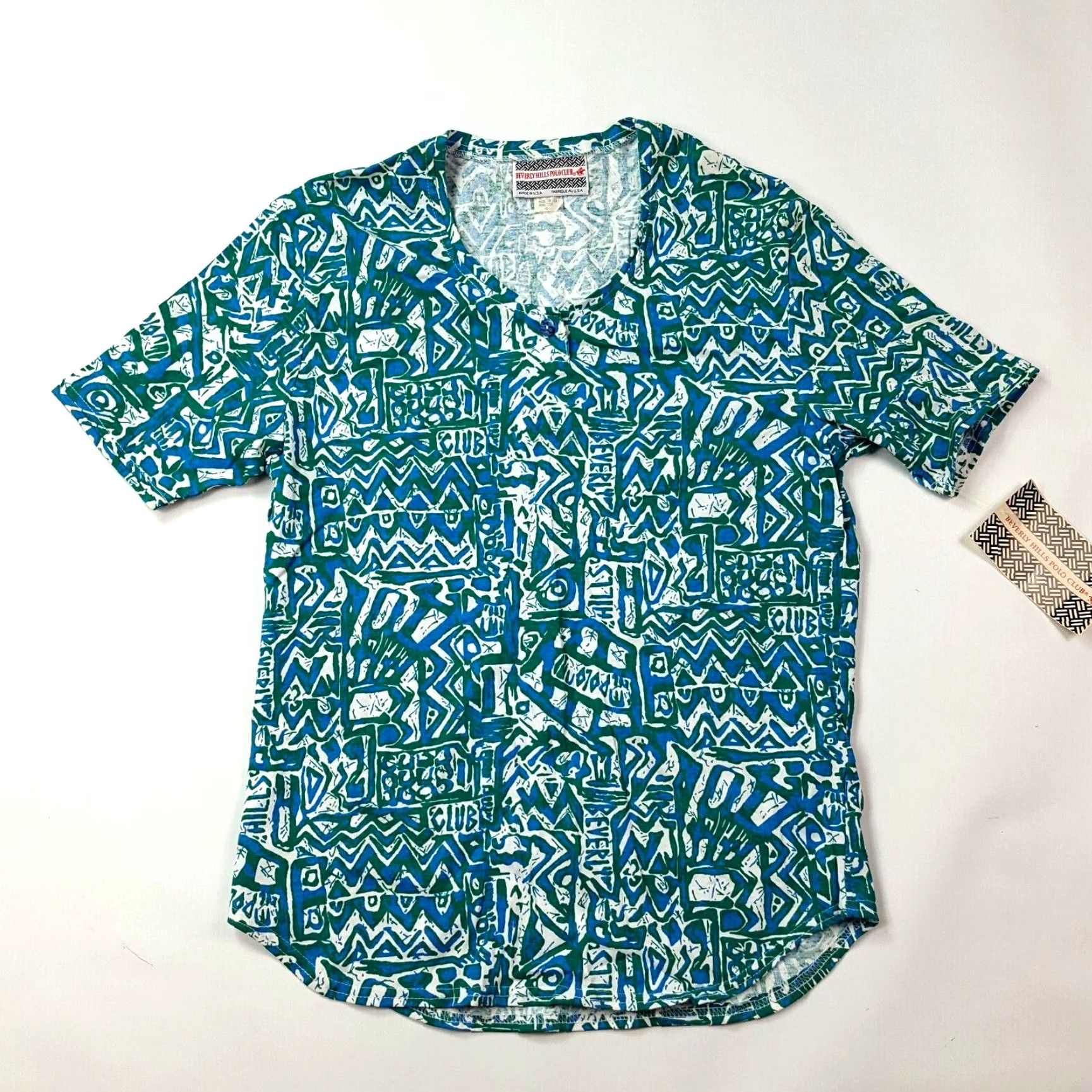 Beverly Hills Polo Club VTG 90s Aztec Teal Womens Medium Henley T Shirt Top Camp Tribal Beach Small Details: New with Tags Size M / US 6-8 / IT 42-44 - 2 Thumbnail