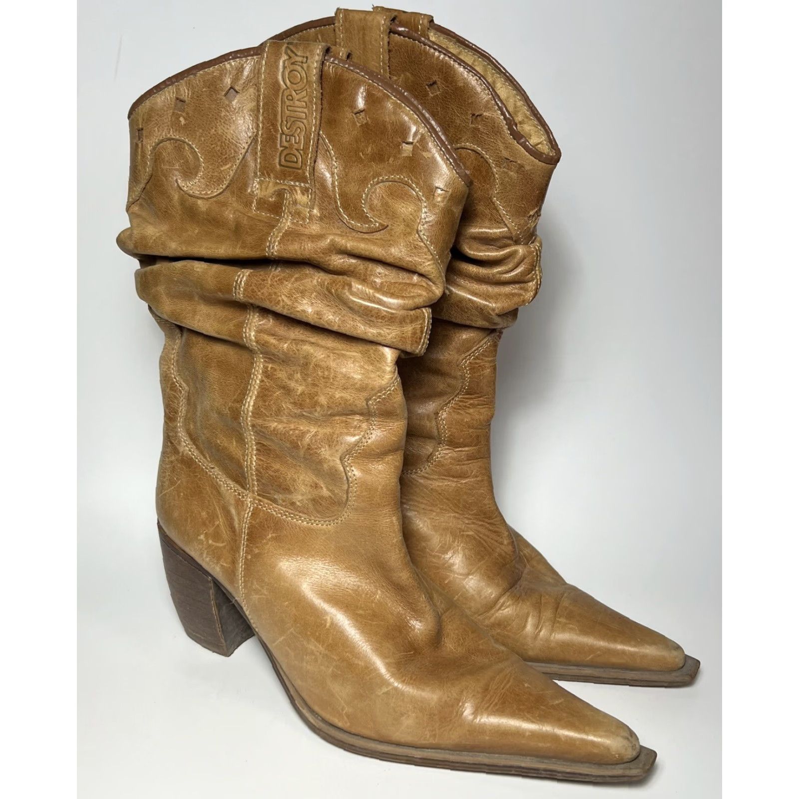 Vintage DESTROY Vintage Western Slouch Boots Tan Leather 37 / 6.5 Brown Tooled Pointed Toe Female Women Cowboy Western Boots Size US 7 / IT 37 - 4 Thumbnail