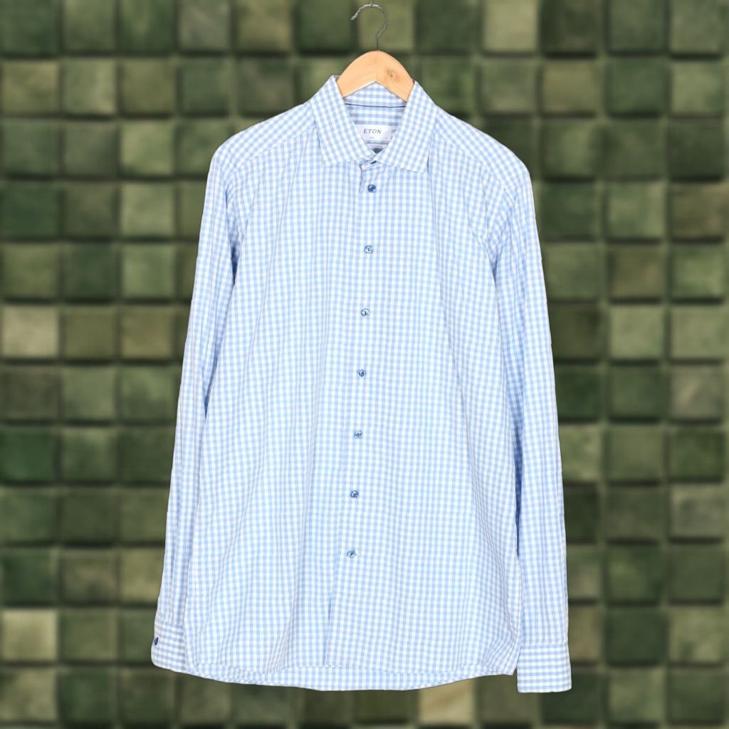 Eton ETON Poplin Shirt Men 43 Slim Fit Long Sleeve Check Formal Blue Size 46R - 1 Thumbnail