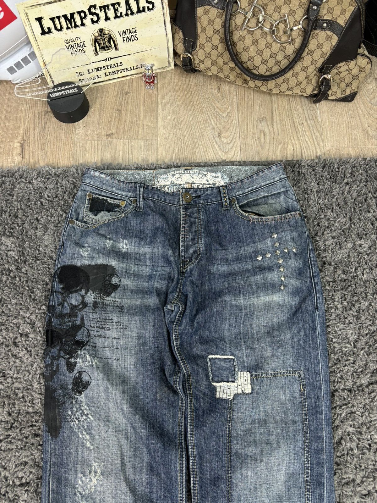 00s Japanese Faded Distressed Wideleg Baggy Denim Pants Y2K