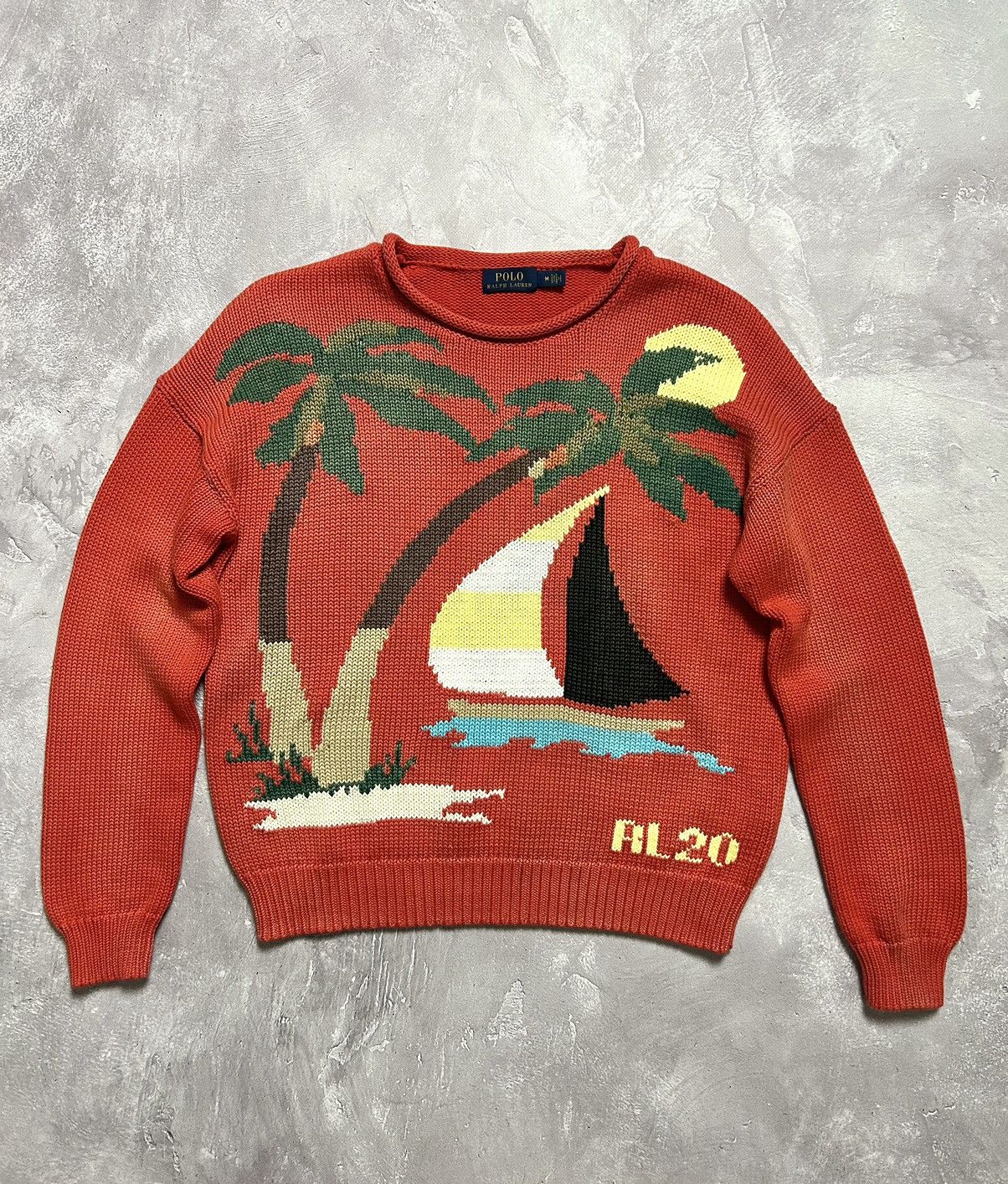 image of Polo Ralph Laurent Rl20 Sail Nautical Tropical Knit Sweater in Orange, Women's (Size Medium)