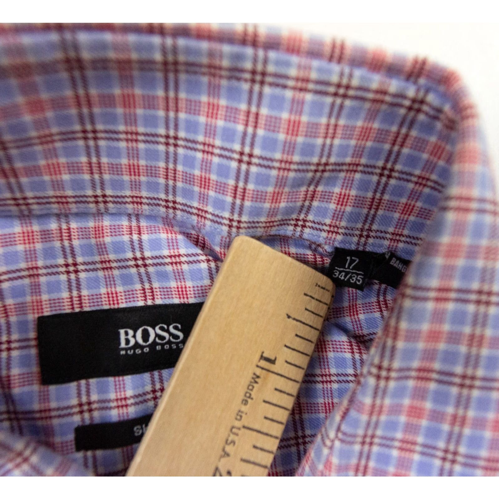 Hugo Boss HUGO BOSS Men's Button-Up Shirt Size 17 Long Sleeve Purple Check Plaid Regular Fit Preppy Size 46R - 6 Thumbnail