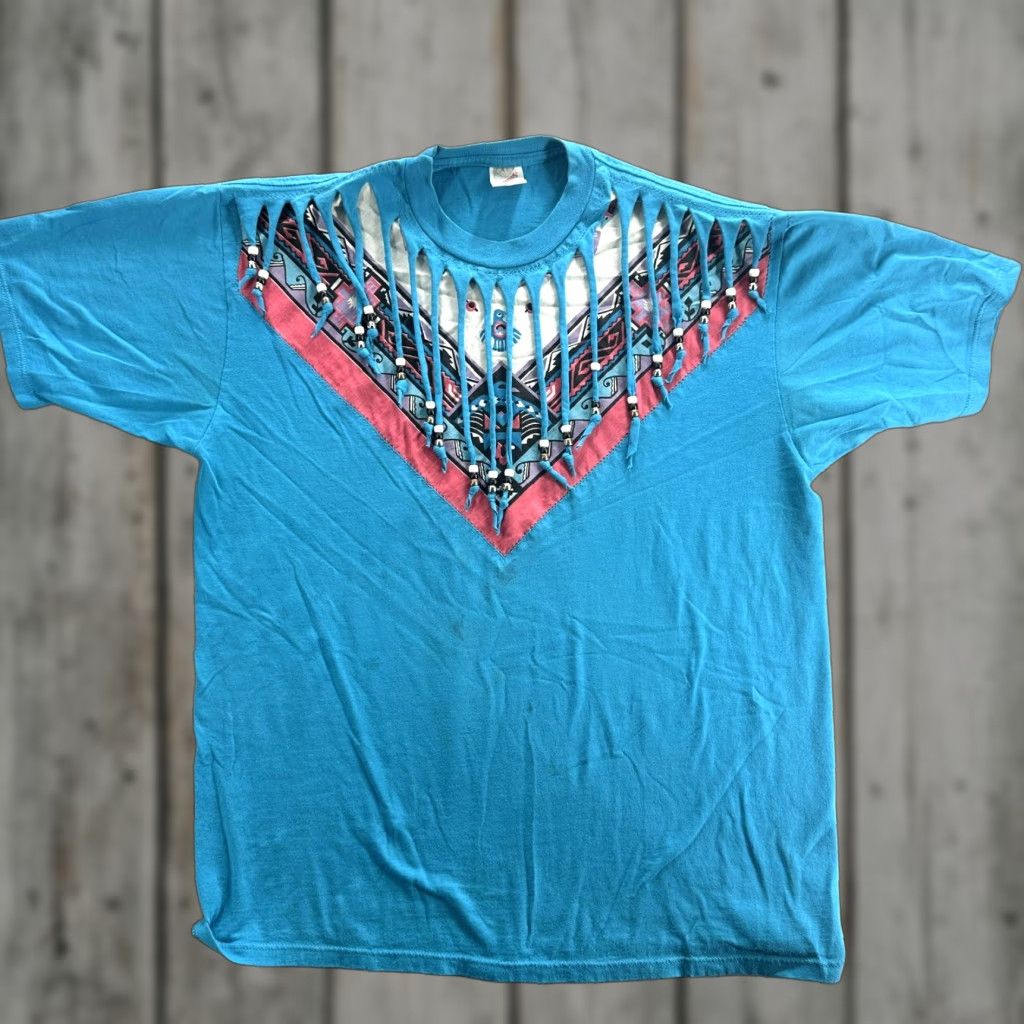 Jerzees Vintage Jerzees Shirt Mens XL Blue Aztec Fringe Beads Southwestern USA 90s Size US XL / EU 56 / 4 - 1 Thumbnail