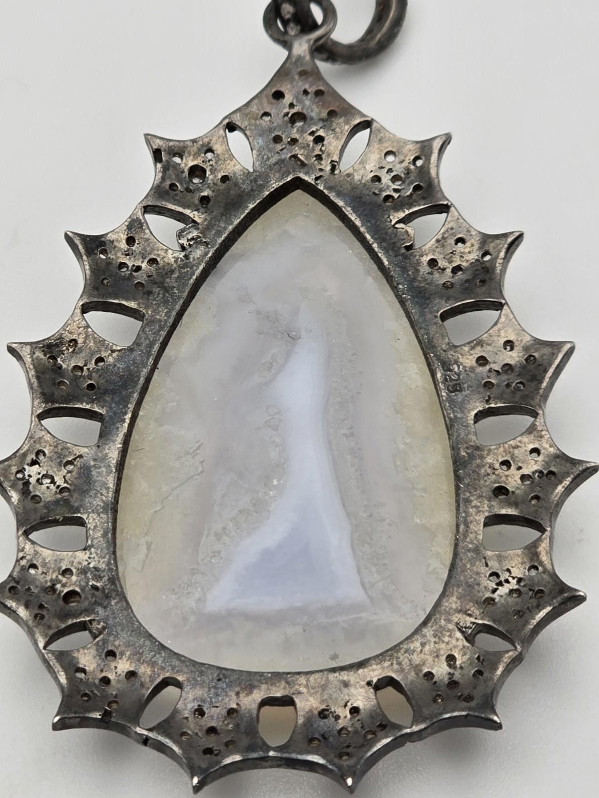 The Unbranded Brand Oxidized Sterling Silver Banded Agate Pendant w Diamonds Size ONE SIZE - 6 Thumbnail
