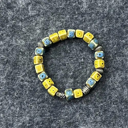 Jewelry Yellow Blue Ceramic Beaded Bracelet, Handmade Beads Size ONE SIZE - 4 Thumbnail