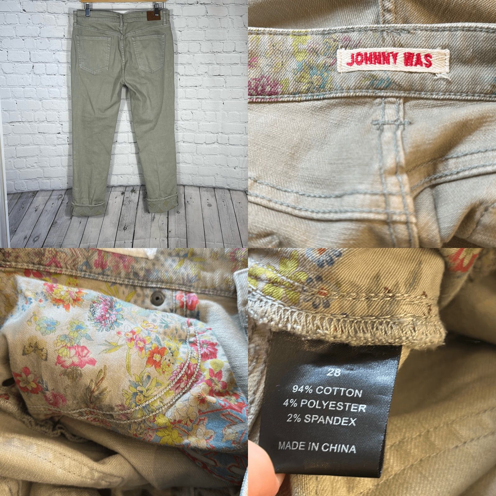 Johnny Was Johnny Was Catalina Boyfriend Women’s Oil Green Jeans Embellished Cuffs size 28 Size 28" / US 6 / IT 42 - 8 Thumbnail