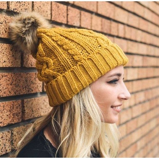 Other Chunky Knit Mustard Yellow Beanie With Faux Fur Pom-Pom Size ONE SIZE - 1 Preview