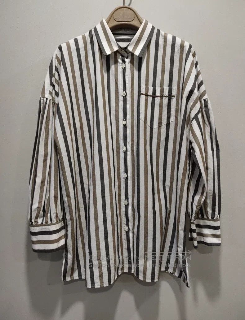 Brunello Cucinelli Brunello Cucinelli Striped Beaded Shirt Long Sleeve Raglan Size L / US 10 / IT 46 - 1 Thumbnail