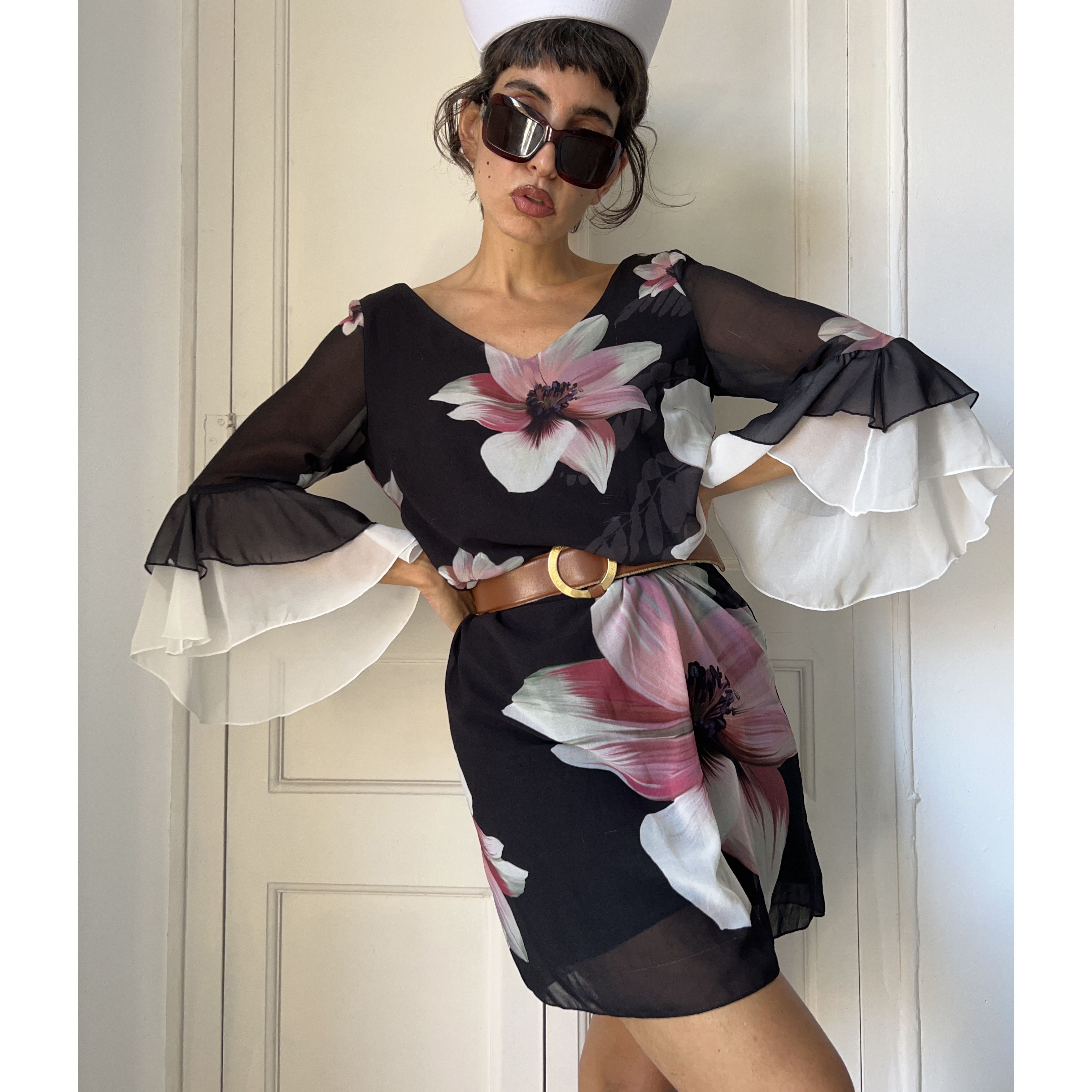 Vintage Vintage y2k ruffle sleeves black floral dress Size M / US 6-8 / IT 42-44 - 2 Thumbnail