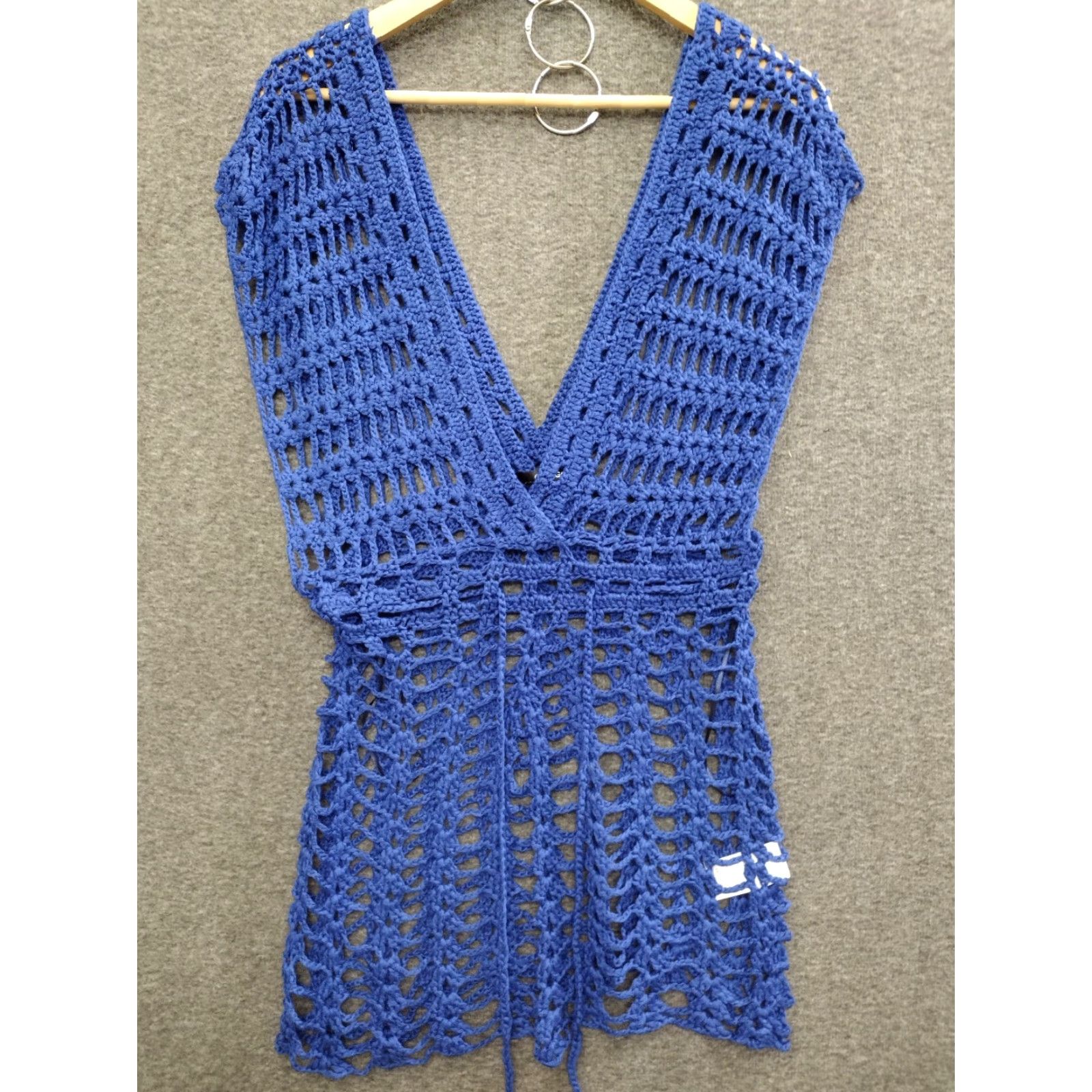 Vintage Codigo Crochet Knitted Blue V-Neck Beach Mini Dress S Shirt Women Blue 90s Bohemian Clubwear Fashion Size S / US 4 / IT 40 - 2 Thumbnail