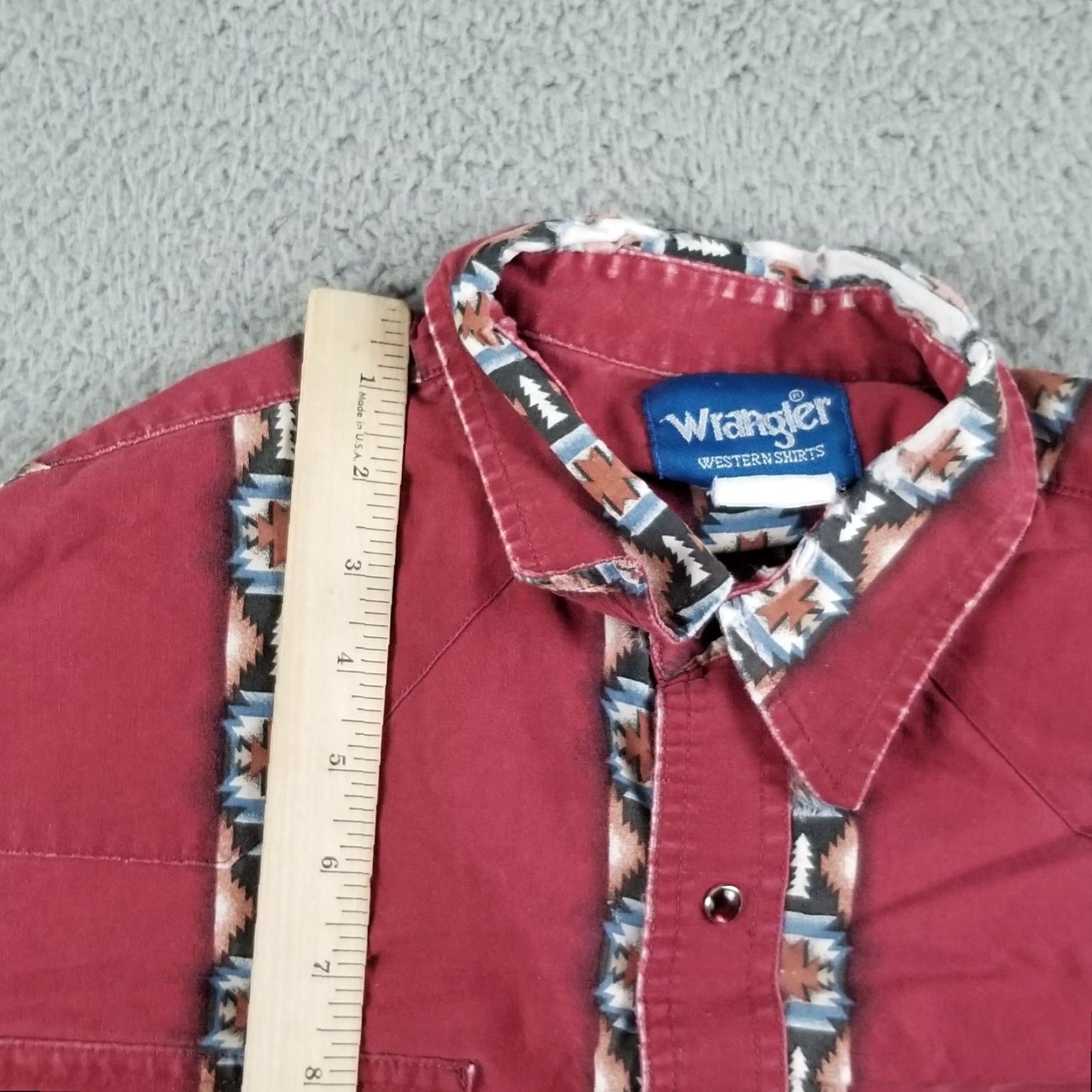 Wrangler Vintage Wrangler Western Shirt Men XL Aztec Brush Popper Pearl Snap Red Distress Geometric Pattern Canvas Cotton Heavyweight Size US XL / EU 56 / 4 - 3 Thumbnail