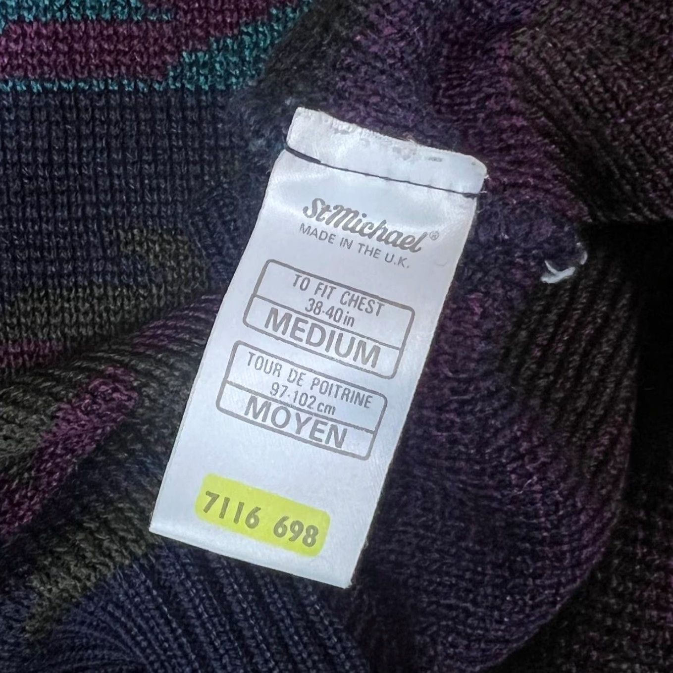 Vintage Vintage ST MICHAEL Marks & Spender Grandad Patterned Acrylic Knit Jumper Medium Navy Blue Size US M / EU 48-50 / 2 - 3 Thumbnail