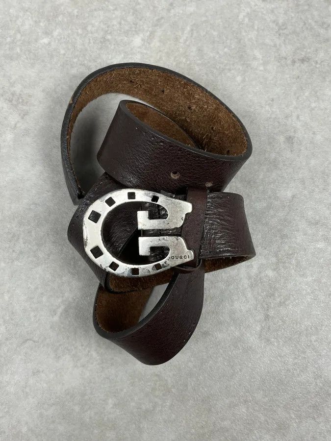 Gucci 2000s Gucci Brown Leather Horseshoe Logo Buckle Belt Size ONE SIZE - 2 Thumbnail