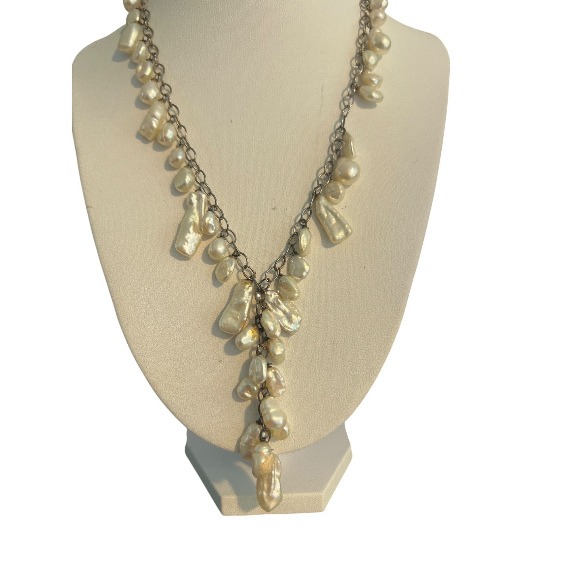 Other Vintage Sterling Silver Baroque Pearl Y Drop Necklace Collar Size ONE SIZE - 1 Thumbnail