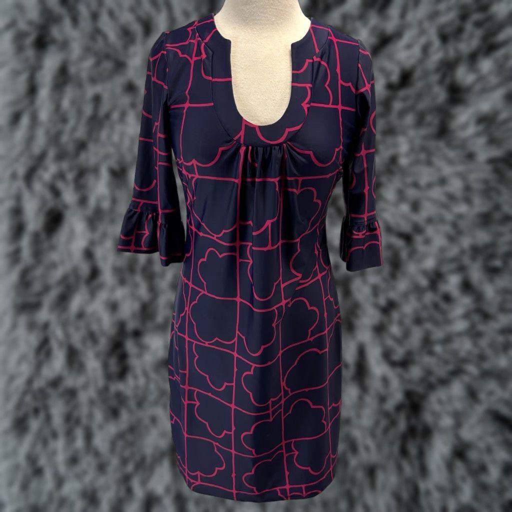 Vintage Jude Connally Blue Geometric Shift Dress U-Neck Ruffle Cuff Small Womens Size S / US 4 / IT 40 - 1 Thumbnail