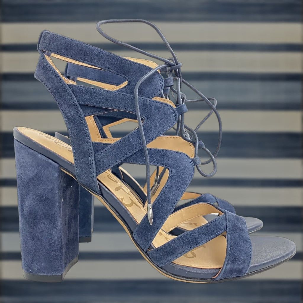 Sam Edelman Yardley Heel Shoes Sandals Size 9.5 WomenS Blue Suede Lace Up Strappy Classic, Women's