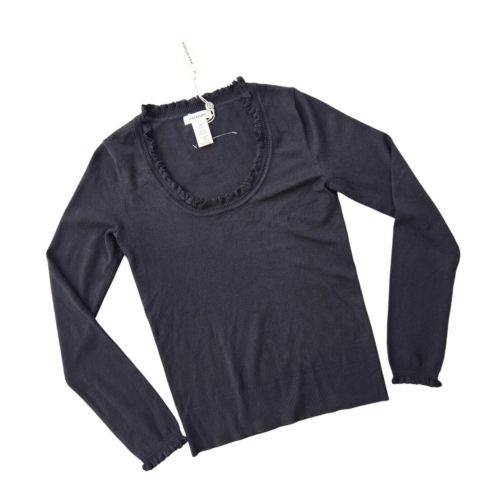 The Unbranded Brand Max Studio Women Black Knit Ruffle Neckline Slim Top Size XS Size XS / US 0-2 / IT 36-38 - 1 Thumbnail