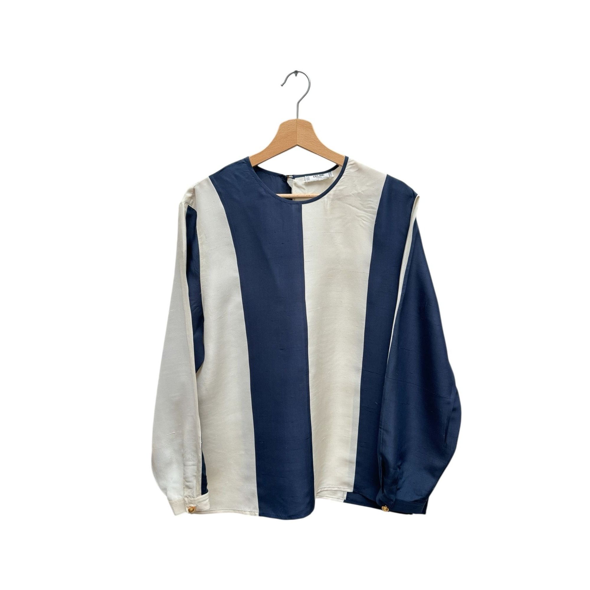 Celine Vintage Navy & White Striped Silk Blouse Size L / US 10 / IT 46 - 1 Thumbnail