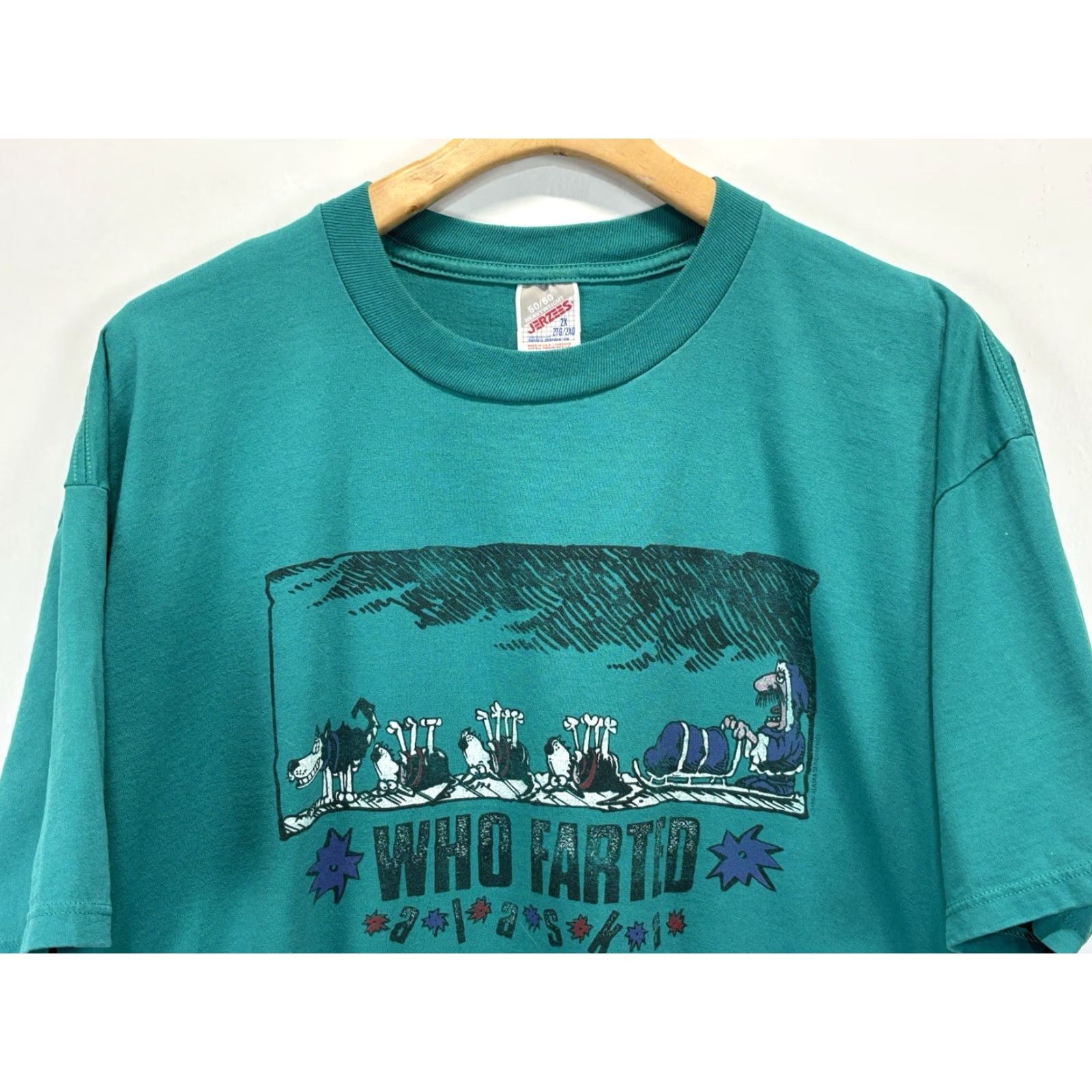 Jerzees VINTAGE Jerzees T-Shirt Teal 2X Mens Alaska Sled Dog Funny Farted 90s Made USA Read Size US XXL / EU 58 / 5 - 2 Thumbnail