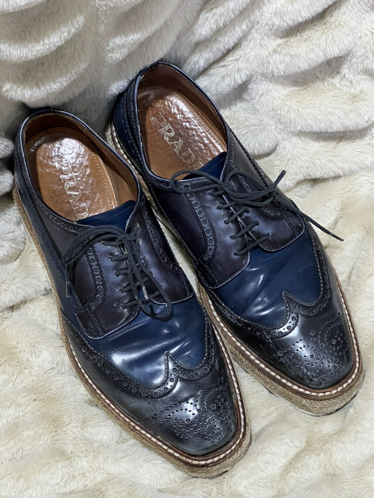 Prada Prada Men's Shoes Brogue Leather Navy Blue Wingtip Oxford Size US 6.5 / EU 39-40 - 4 Thumbnail