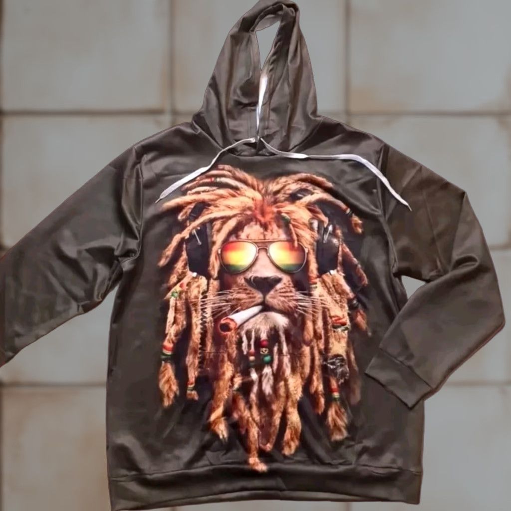 Vintage Bob Marley Smoking Joint Hoodie Rasta One Love Lion Sweatshirt XL Unisex Graphic Print Hooded Pullover Green Polyester Long Sleeve Fashion Size US XL / EU 56 / 4 - 1 Thumbnail