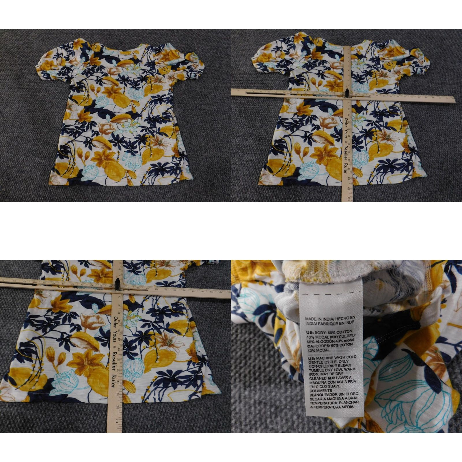 Vintage Chico's Shirt Womens Small Yellow Navy White Floral Puff Sleeve Scoop Neck Top Size S / US 4 / IT 40 - 9 Thumbnail