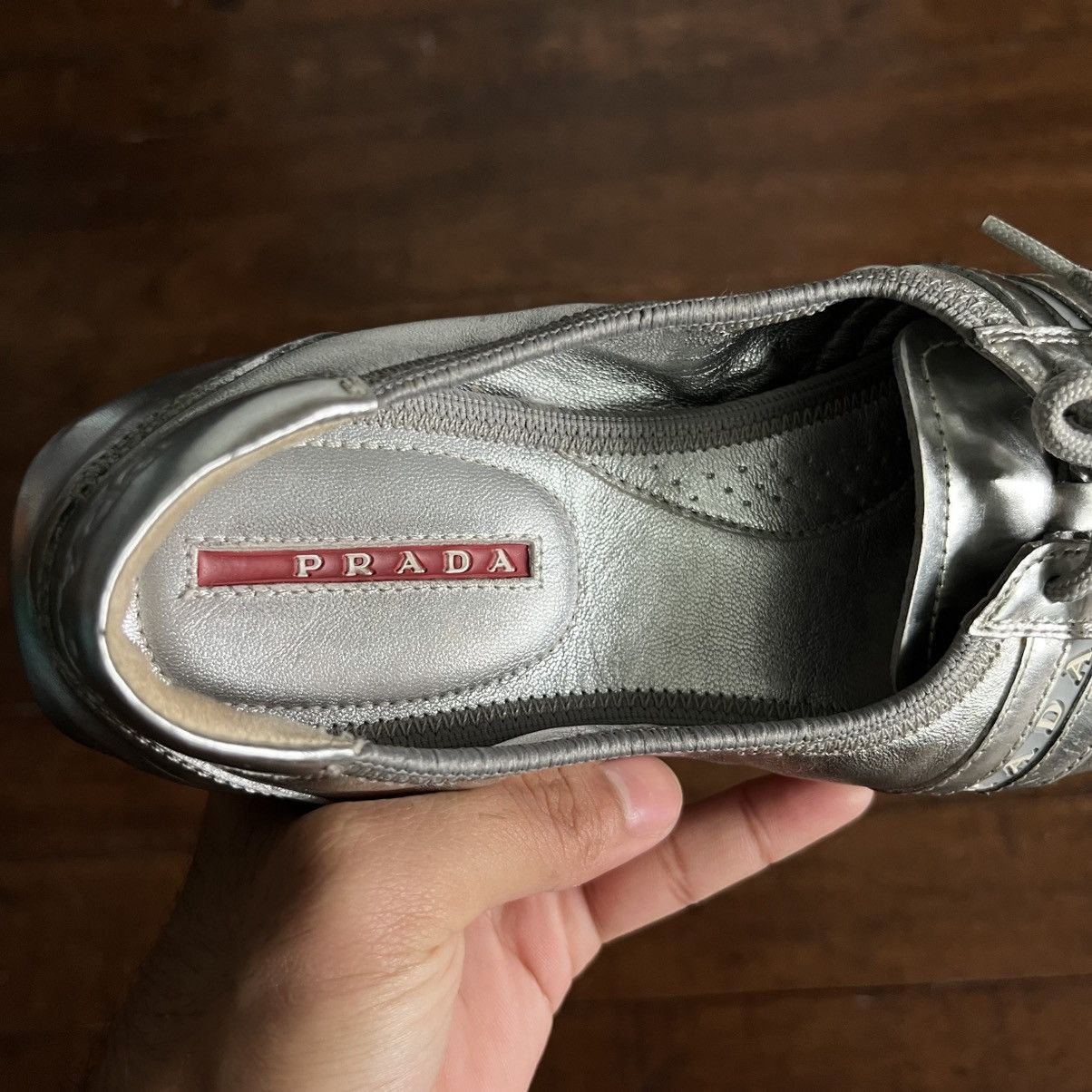 Prada Prada Sport Silver Leather Scrunch Lace Up Ballet Flats Size US 5 / IT 35 - 17 Thumbnail