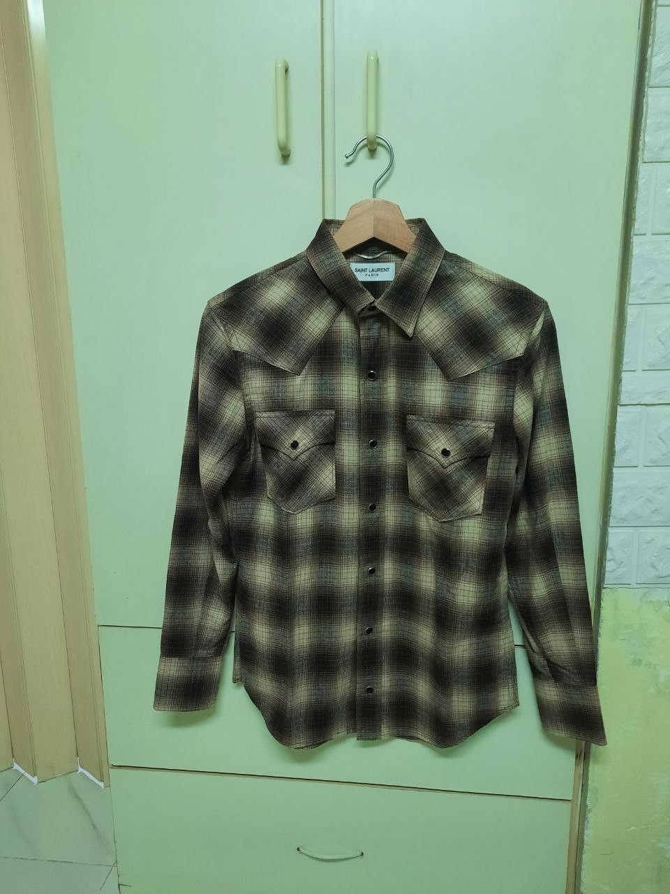 image of Hedi Slimane x Saint Laurent Paris Western Plaid Flannel Shirt in Brown, Men's (Size Small)