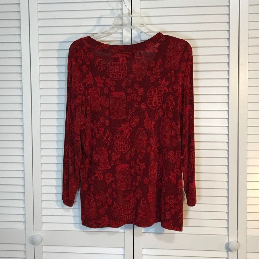 Chicos Chico’s Travelers Red Asian Floral Long Sleeve Blouse L Size L / US 10 / IT 46 - 2 Thumbnail