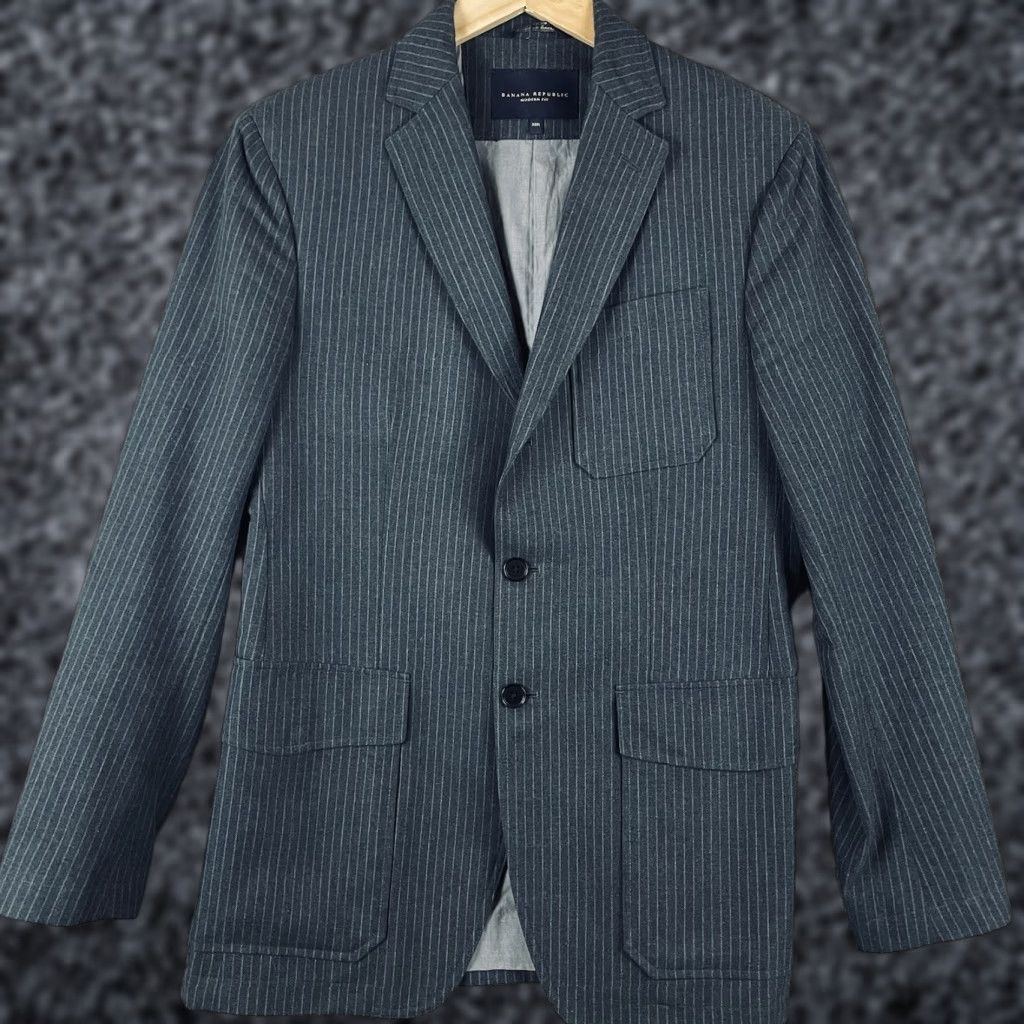 Banana Republic Banana Republic Blazer Jacket Mens 38R Modern Fit Cotton Gray Striped Sport Coat 2 Button Notch Lapel Regular Single-Breasted Modern Mens Size 38R - 1 Thumbnail