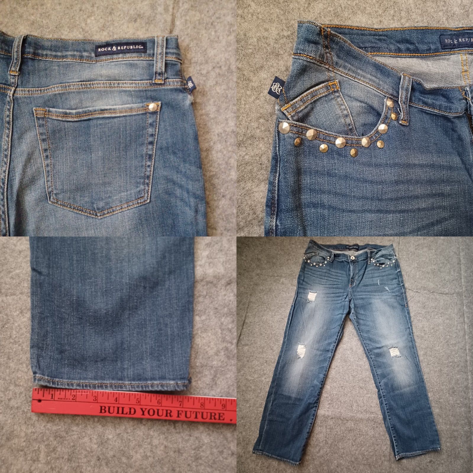 Vintage Rock & Republic Jeans 16 M Blue Indee Straight Distressed Logo Stud Pocket Denim Jeans Size 38" / US 16 / IT 52 - 8 Thumbnail