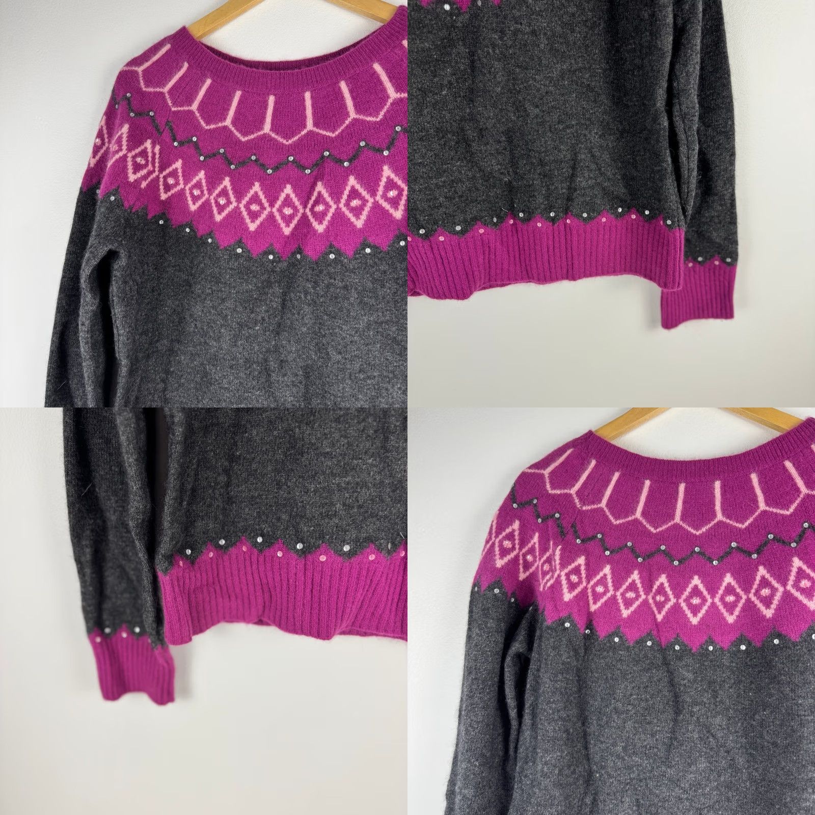 Vintage CONTEXT Sweater Womens XL Gray VTG Wool Angora Blend Fair Isle Sequin Magenta Charcoal Size XL / US 12-14 / IT 48-50 - 8 Thumbnail