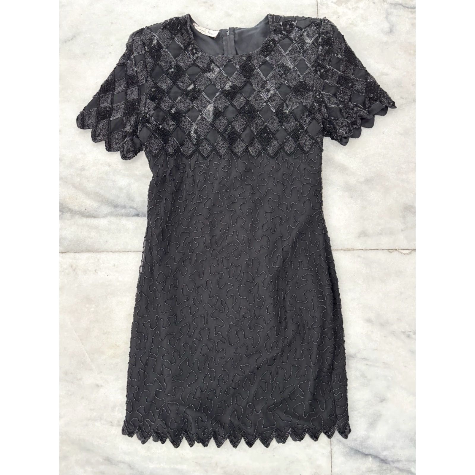 VINTAGE Laurence Kazar Sheath Dress Black Silk Beaded Sequin Formal M Womens