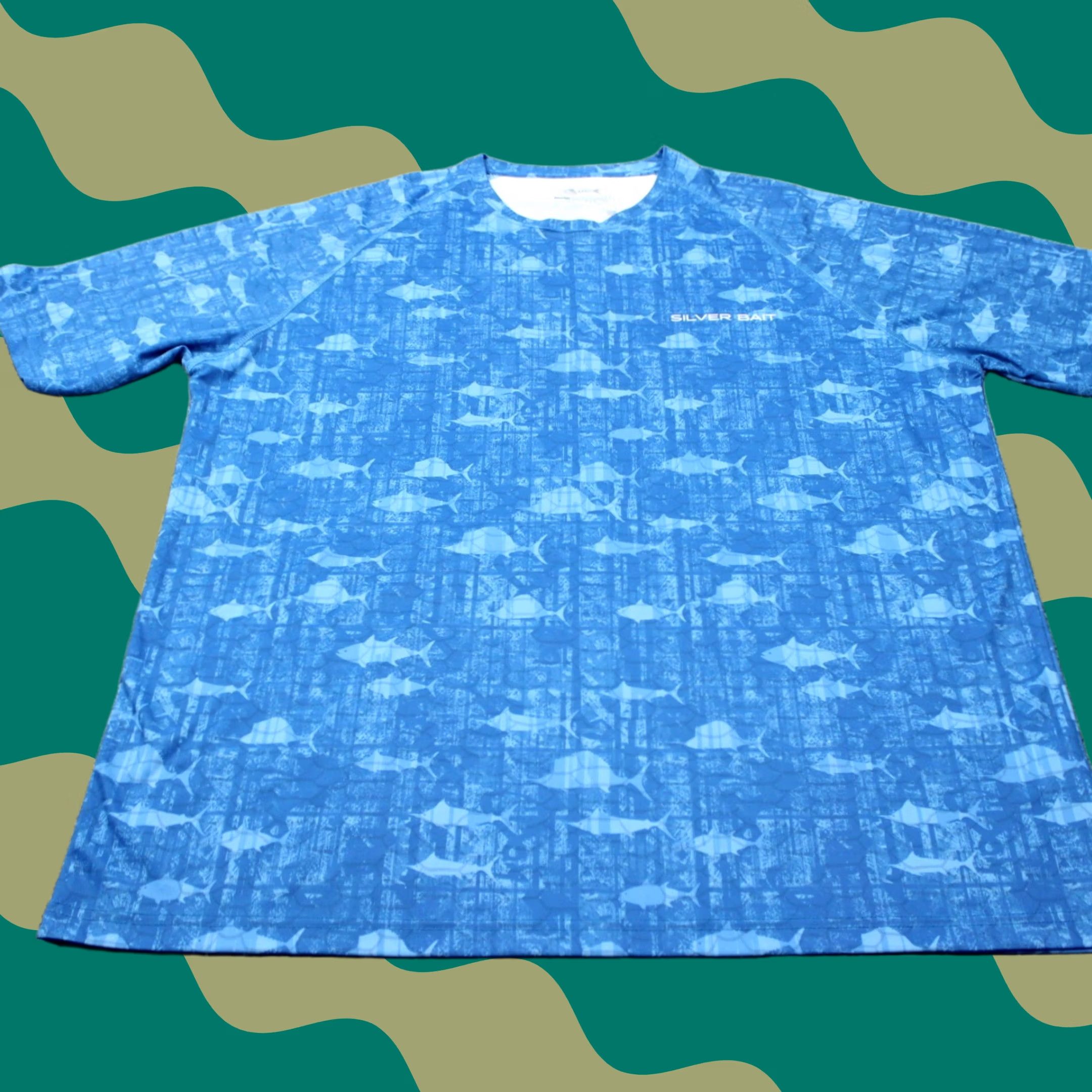 Vintage Silver Bait Mens XL Blue Fish All Over Print S/S Button-Up Shirt UPF 50+ Polyester Bait Sportsman Shirt Geometric Pattern Casual Size US XL / EU 56 / 4 - 1 Thumbnail